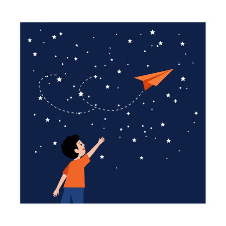 A young boy joyfully reaches out towards a bright orange paper airplane soaring amidst twinkling stars in a deep blue night sky.のイラスト素材