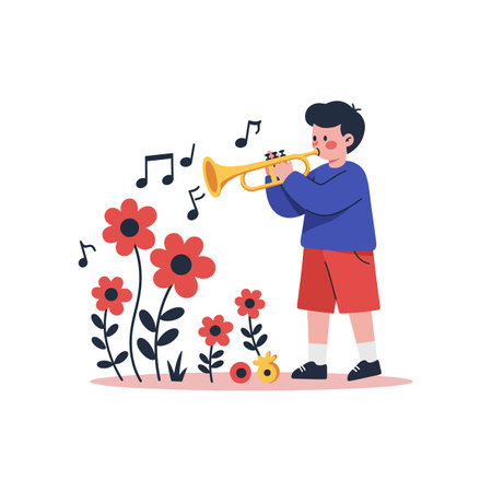 A young boy in a blue shirt and red shorts joyfully plays a trumpet amidst vibrant flowers, creating a lively atmosphere.のイラスト素材