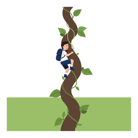 A cheerful boy in a blue backpack climbs a green vine, surrounded by lush leaves, showing adventure and curiosity.のイラスト素材