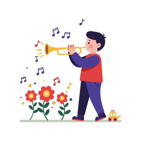 A joyful boy in a red shirt plays his trumpet surrounded by vibrant flowers and musical notes, creating a lively atmosphere.のイラスト素材