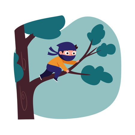 A young ninja in a blue mask and orange shirt skillfully climbs a tree, showingcasing agility and adventure in a whimsical setting.のイラスト素材