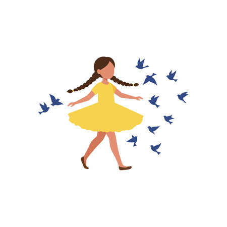 A cheerful girl with braided hair twirls in a bright yellow dress, surrounded by playful blue birds in flight.のイラスト素材
