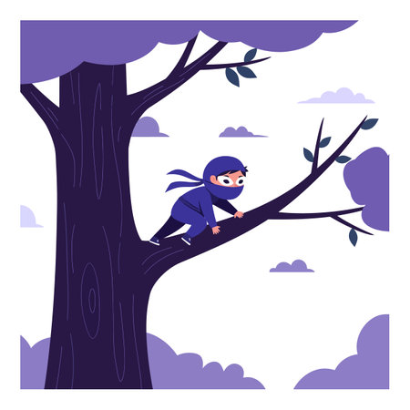 A cute ninja in blue stealthily crouches on a tree branch, surrounded by soft purple clouds, capturing a whimsical and adventurous mood.のイラスト素材