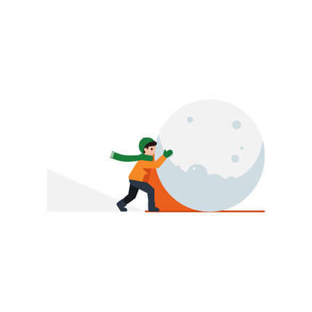 A child wearing an orange jacket and green scarf pushes a large snowball down a snowy slope, embodying winter fun and playfulness.のイラスト素材