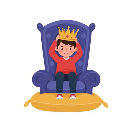 A joyful boy with a crown smiles while sitting comfortably on a plush chair, embodying a playful and regal atmosphere.のイラスト素材