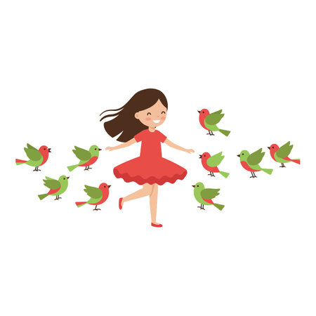 A cheerful girl twirls happily in a vibrant red dress, surrounded by playful green and red birds in a lively, whimsical scene.のイラスト素材