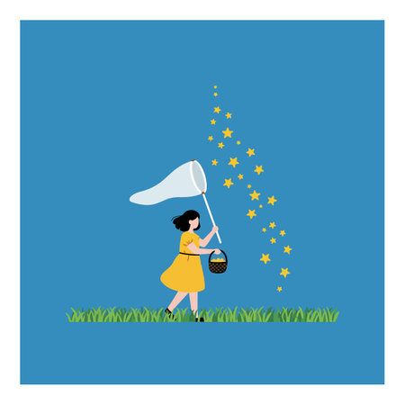 A girl joyfully walks through green grass, using a net to catch sparkling stars floating in a blue sky.のイラスト素材