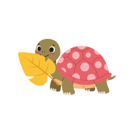 A cheerful turtle with a pink shell and white spots playfully holds a large yellow leaf, exuding a joyful and whimsical atmosphere.のイラスト素材