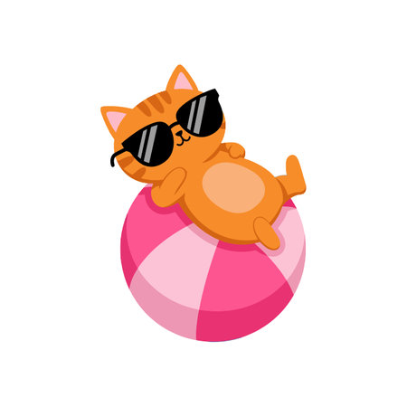 A playful orange cat reclines on a striped pink beach ball, exuding a carefree summer vibe with stylish sunglasses.のイラスト素材