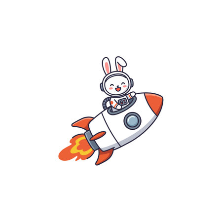 A cheerful bunny in a space helmet eagerly pilots a rocket, leaving a trail of flames behind, creating a playful and adventurous atmosphere.のイラスト素材