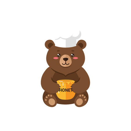 A charming brown bear with rosy cheeks, dressed in a chef hat, happily holds a honey jar, evoking warmth and delight.のイラスト素材