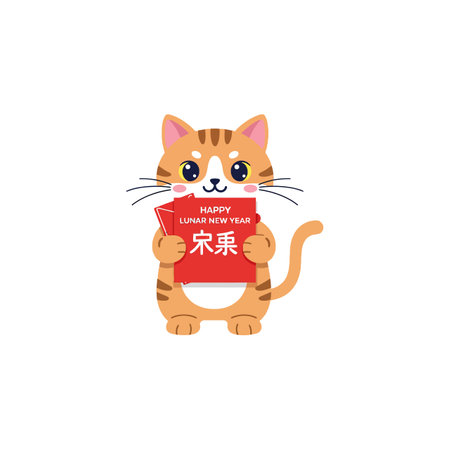 A playful orange cat with stripes joyfully holds a red card wishing a Happy Lunar New Year, radiating happiness and celebration.のイラスト素材