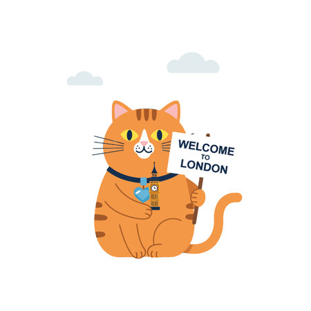 A cheerful orange cat sits holding a sign that reads Welcome to London, exuding a playful and inviting atmosphere.のイラスト素材
