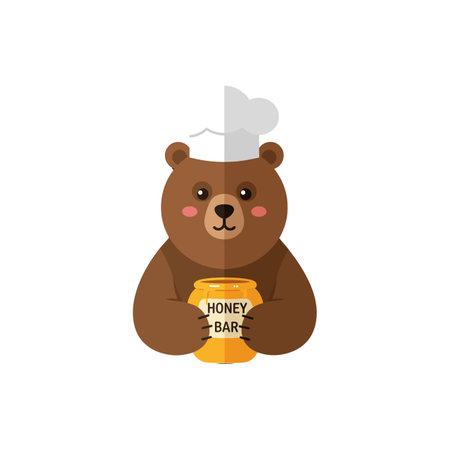 A playful bear, dressed as a chef, cheerfully holds a jar labeled honey bar, exuding a light-hearted and whimsical atmosphere.のイラスト素材