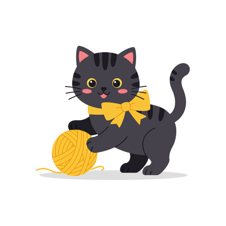 A cute black kitten with a yellow bow joyfully bats at a ball of yarn, exuding a playful and cheerful atmosphere.のイラスト素材