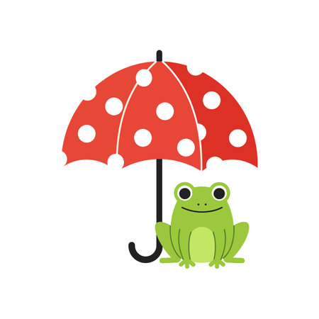 A green frog with a friendly expression sits beneath a bright red umbrella adorned with white polka dots, evoking a playful atmosphere.のイラスト素材