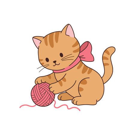 An adorable orange cat with a pink ribbon entertains itself by batting at a pink yarn ball, creating a cheerful atmosphere.のイラスト素材