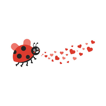 A vibrant ladybug with a happy expression releases a trail of floating hearts, creating a joyful and whimsical atmosphere.のイラスト素材