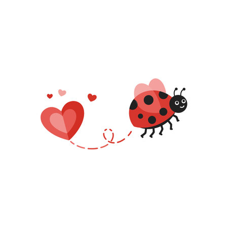 A bright ladybug flutters joyfully, trailing hearts in a playful and romantic atmosphere, embodying love and happiness.のイラスト素材
