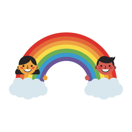 Two smiling children joyfully hold a colorful rainbow above fluffy white clouds, exuding happiness and warmth in a playful scene.のイラスト素材