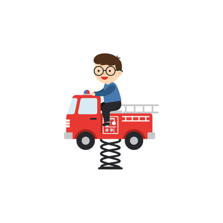 A young boy with glasses joyfully rides a red spring-mounted fire truck, conveying excitement and...