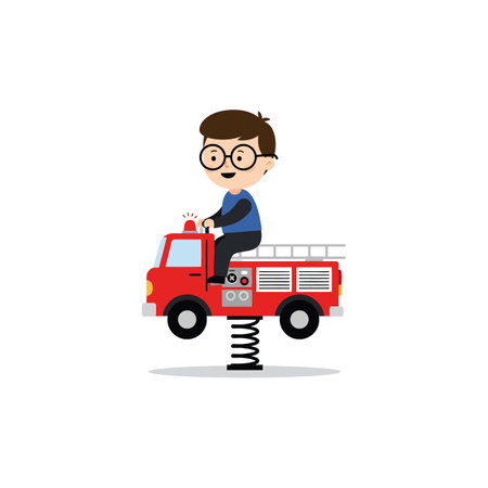 A cheerful boy with glasses bounces on a red spring fire truck, exuding joy and playfulness in a simple, colorful design.のイラスト素材