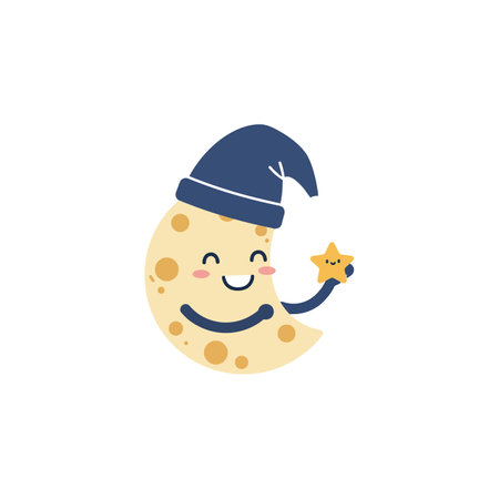 A cheerful moon character adorned with a blue nightcap joyfully holds a bright yellow star, exuding a whimsical and playful atmosphere.のイラスト素材