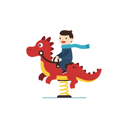 A cheerful boy in a blue scarf happily bounces on a red dragon spring rider, capturing the essence of childhood joy.のイラスト素材