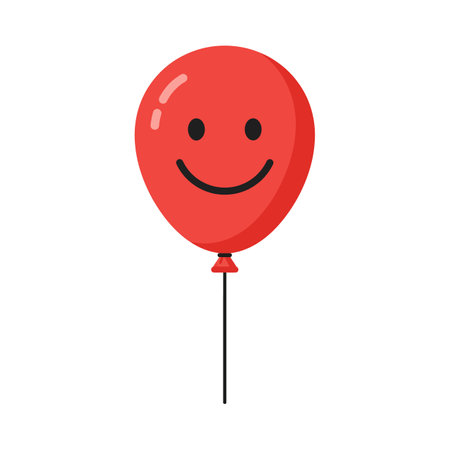 A cheerful red balloon featuring a smile, floating on a black string, radiating joy and playfulness in a minimalist style.のイラスト素材