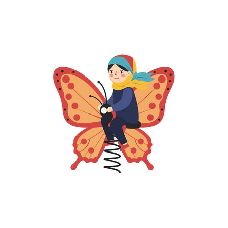 A cheerful child with a blue scarf rides a large butterfly spring toy, capturing a playful and whimsical atmosphere.のイラスト素材