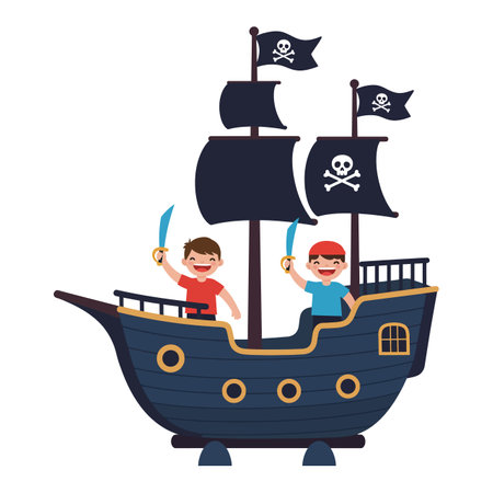 Two boys dressed as pirates joyfully wave swords aboard a pirate ship, exuding adventure and excitement on a playful journey.のイラスト素材