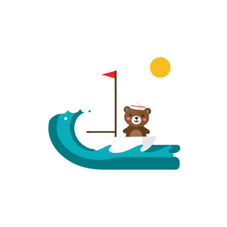 A cheerful teddy bear stands on a sailing boat, navigating playful waves, with a bright sun shining overhead, creating a joyful atmosphere.のイラスト素材