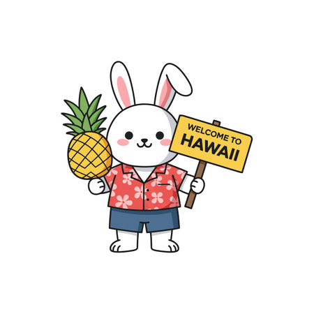 A cheerful rabbit in a floral shirt holds a pineapple and a sign reading Welcome to Hawaii, radiating a fun tropical vibe.のイラスト素材