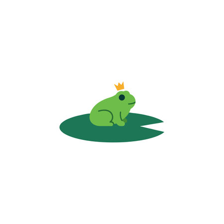 A charming green frog rests on a lily pad wearing a tiny crown, embodying a playful and fairy-tale mood in a simple and colorful design.のイラスト素材