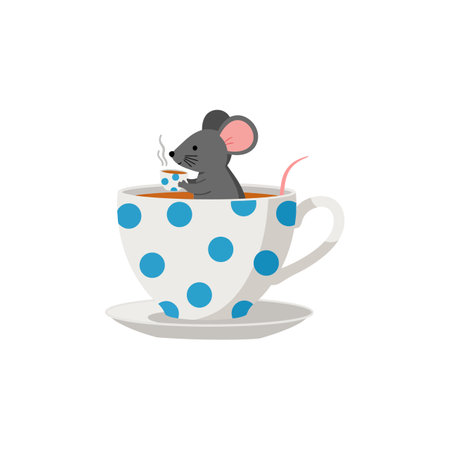A small gray mouse sits comfortably in a blue polka dot teacup, sipping tea with a cheerful demeanor.のイラスト素材