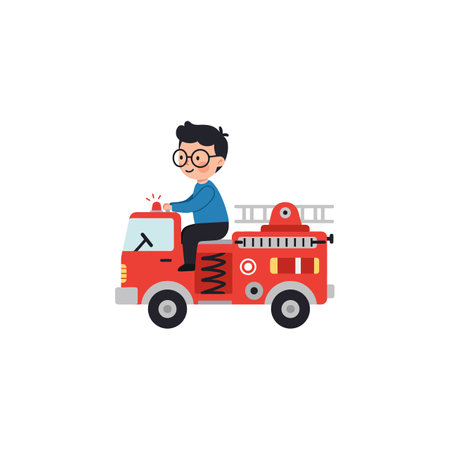 A joyful boy with glasses sits atop a red fire truck, smiling as he enjoys a playful adventure, exuding excitement and fun.のイラスト素材
