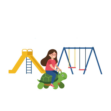 A joyful girl with glasses sits atop a green turtle, playing in a vibrant playground featuring a slide and swings, radiating happiness.のイラスト素材