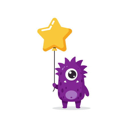 A whimsical purple monster with one eye joyfully holds a bright yellow star balloon, exuding a playful and cheerful mood.のイラスト素材
