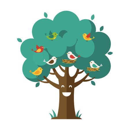 A cheerful tree with a smiling face supports various colorful birds perched on its branches, creating a joyful and vibrant atmosphere.のイラスト素材