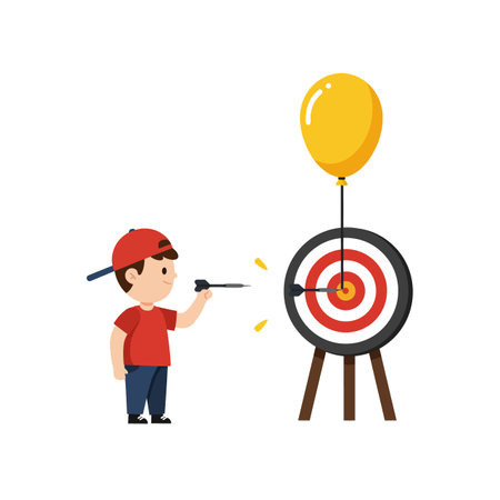 A cheerful boy in a red shirt and cap focuses on hitting a balloon attached to a dartboard, creating an atmosphere of excitement.のイラスト素材