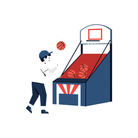 A young boy in a blue cap joyfully tosses basketballs into an arcade game with a vibrant red and blue design.のイラスト素材