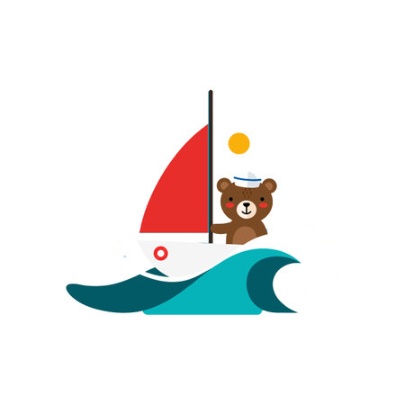 A cute bear wearing a sailor hat happily rides a red-sailed boat, surrounded by vibrant blue waves and a bright sun.のイラスト素材