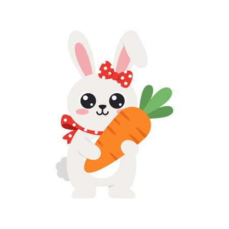 A cheerful white bunny with a red bow holds a bright orange carrot, radiating joy and playfulness in a colorful scene.のイラスト素材