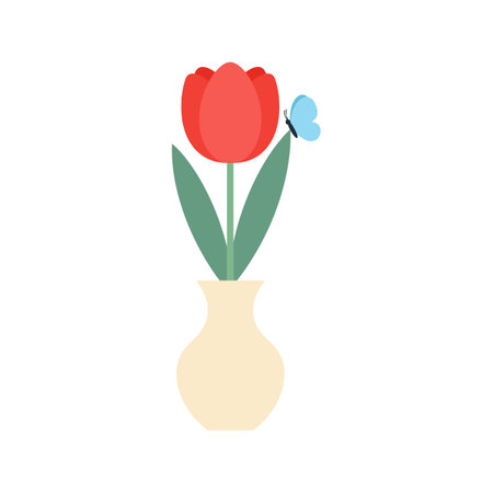 A striking red tulip with vibrant green leaves stands in a beige vase, while a delicate blue butterfly flits nearby, creating a serene atmosphere.のイラスト素材