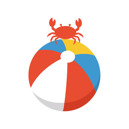 A vibrant red crab sits on a multicolored beach ball, evoking a playful summer atmosphere by the shore.のイラスト素材
