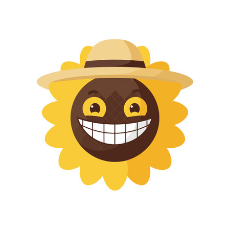 A cheerful sunflower character with a big smile and a straw hat brings joy, radiating warmth and positivity in a bright, playful design.のイラスト素材