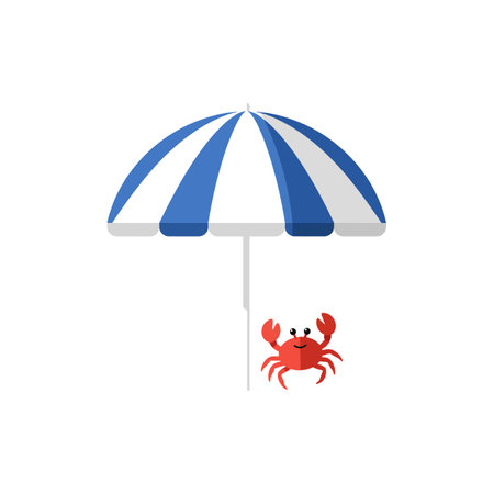 A playful red crab relaxes under a blue and white striped umbrella on a sunny beach, creating a cheerful and vibrant atmosphere.のイラスト素材