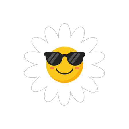 A cheerful sun with sunglasses beams joyfully, framed by white flower petals, creating a lighthearted and sunny atmosphere.のイラスト素材