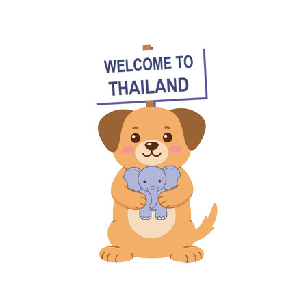 A cheerful dog stands proudly, holding a small elephant toy, with a sign that says Welcome to Thailand, radiating a friendly atmosphere.のイラスト素材