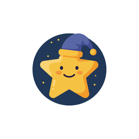 A cheerful star character with a blue hat smiles against a dark circular backdrop, creating a whimsical and joyful atmosphere.のイラスト素材